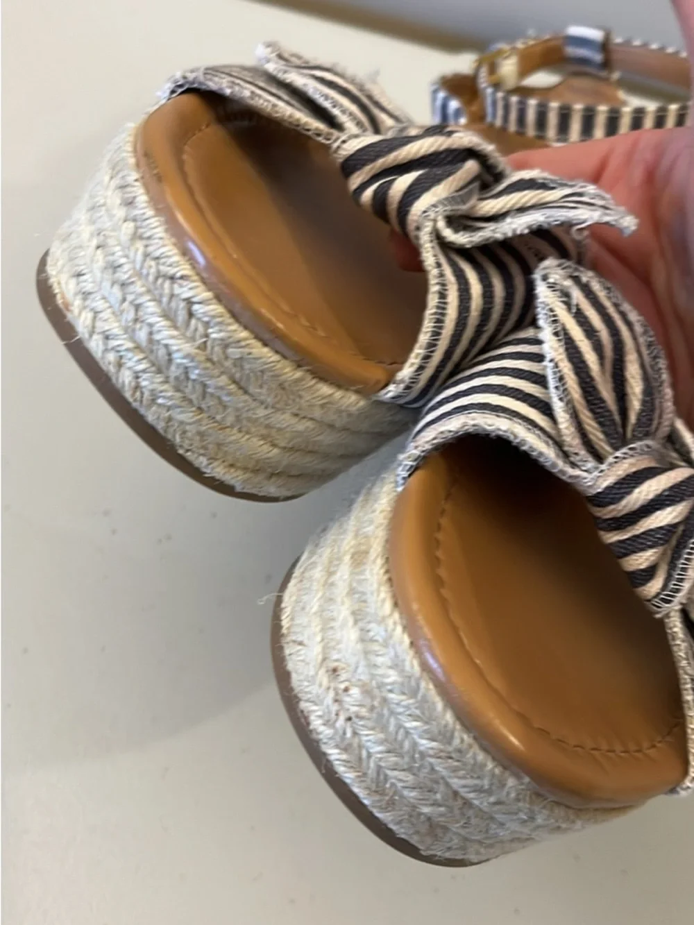J. Crew Navy and White Striped Bow Espadrille Sandals
